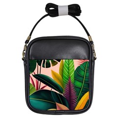 Ai Generated Tropical Leaves Foliage Wallpaper Girls Sling Bag by Ravend