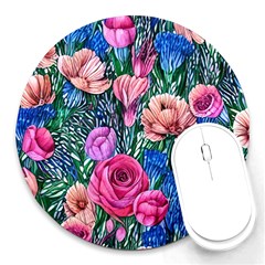 Bright And Brilliant Watercolor Flowers Round Mousepad by GardenOfOphir