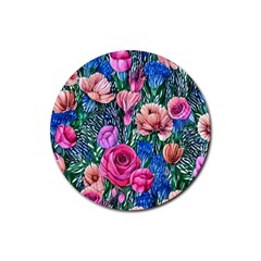 Bright And Brilliant Watercolor Flowers Rubber Coaster (round) by GardenOfOphir