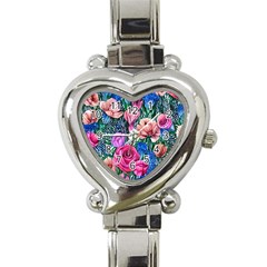 Bright And Brilliant Watercolor Flowers Heart Italian Charm Watch by GardenOfOphir