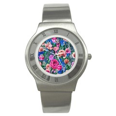 Bright And Brilliant Watercolor Flowers Stainless Steel Watch by GardenOfOphir