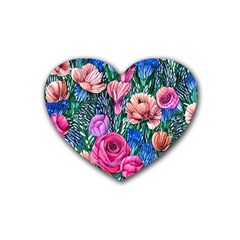 Bright And Brilliant Watercolor Flowers Rubber Heart Coaster (4 Pack) by GardenOfOphir