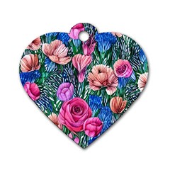 Bright And Brilliant Watercolor Flowers Dog Tag Heart (two Sides) by GardenOfOphir