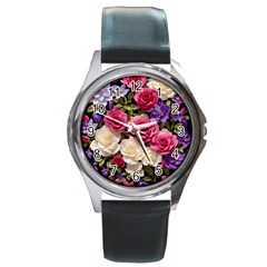 Ai Generated Roses Flowers Petals Bouquet Wedding Round Metal Watch by Ravend