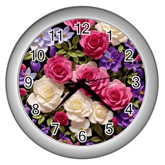 Ai Generated Roses Flowers Petals Bouquet Wedding Wall Clock (silver) by Ravend