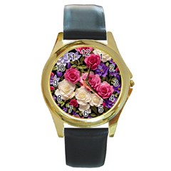 Ai Generated Roses Flowers Petals Bouquet Wedding Round Gold Metal Watch by Ravend