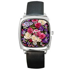 Ai Generated Roses Flowers Petals Bouquet Wedding Square Metal Watch by Ravend