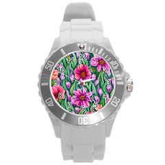 Cheerful And Cheery Blooms Round Plastic Sport Watch (l) by GardenOfOphir