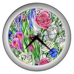 Celestial And Charming Florals Wall Clock (silver) by GardenOfOphir