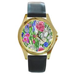 Celestial And Charming Florals Round Gold Metal Watch by GardenOfOphir