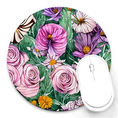 Budding And Captivating Flowers Round Mousepad by GardenOfOphir