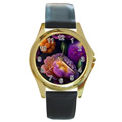 Ai Generated Flowers Plants Petals Buds Round Gold Metal Watch by Ravend