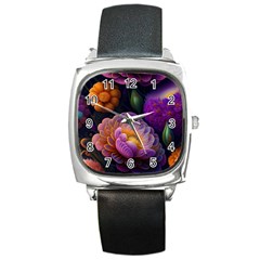 Ai Generated Flowers Plants Petals Buds Square Metal Watch by Ravend