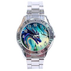 Ai Generated Dragon Fractal Art Texture Stainless Steel Analogue Watch by Ravend