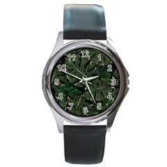 Monstera Plant Tropical Jungle Leaves Pattern Round Metal Watch by Ravend