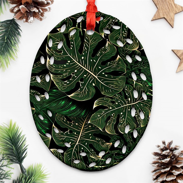 Monstera Plant Tropical Jungle Leaves Pattern Ornament (Oval Filigree)