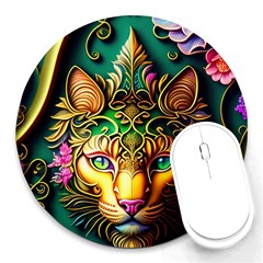 Ai Generated Paisley Pattern Feline Floral Round Mousepad by Ravend