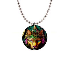 Ai Generated Paisley Pattern Feline Floral 1  Button Necklace by Ravend