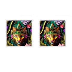 Ai Generated Paisley Pattern Feline Floral Cufflinks (square) by Ravend