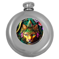 Ai Generated Paisley Pattern Feline Floral Round Hip Flask (5 Oz) by Ravend