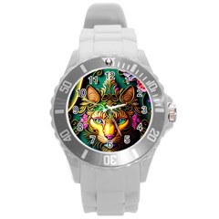 Ai Generated Paisley Pattern Feline Floral Round Plastic Sport Watch (l) by Ravend