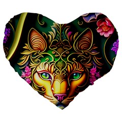 Ai Generated Paisley Pattern Feline Floral Large 19  Premium Flano Heart Shape Cushions by Ravend