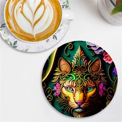 Ai Generated Paisley Pattern Feline Floral Uv Print Round Tile Coaster