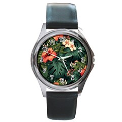 Flowers Monstera Foliage Tropical Jungle Drawing Round Metal Watch by Ravend