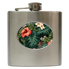 Flowers Monstera Foliage Tropical Jungle Drawing Hip Flask (6 Oz) by Ravend