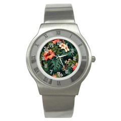 Flowers Monstera Foliage Tropical Jungle Drawing Stainless Steel Watch by Ravend