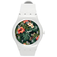 Flowers Monstera Foliage Tropical Jungle Drawing Round Plastic Sport Watch (m) by Ravend