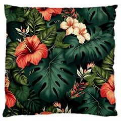 Flowers Monstera Foliage Tropical Jungle Drawing Large Premium Plush Fleece Cushion Case (one Side) by Ravend