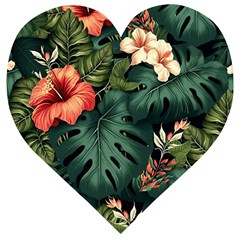 Flowers Monstera Foliage Tropical Jungle Drawing Wooden Puzzle Heart by Ravend