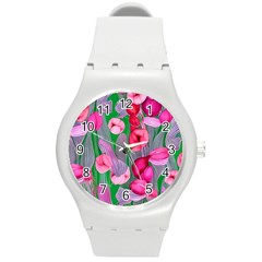 Mysterious And Enchanting Watercolor Flowers Round Plastic Sport Watch (m) by GardenOfOphir