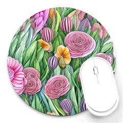 Delicate And Dazzling Watercolor Flowers Round Mousepad by GardenOfOphir