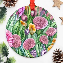 Delicate And Dazzling Watercolor Flowers Ornament (round) by GardenOfOphir