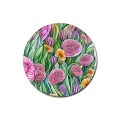 Delicate And Dazzling Watercolor Flowers Rubber Coaster (round) by GardenOfOphir