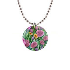 Delicate And Dazzling Watercolor Flowers 1  Button Necklace by GardenOfOphir