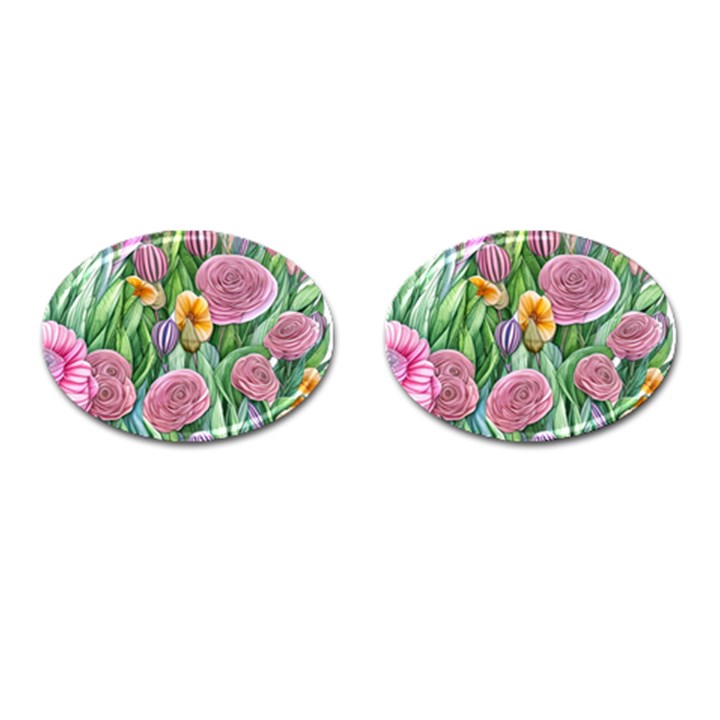 Delicate And Dazzling Watercolor Flowers Cufflinks (Oval)