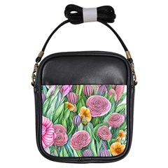 Delicate And Dazzling Watercolor Flowers Girls Sling Bag by GardenOfOphir