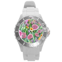 Delicate And Dazzling Watercolor Flowers Round Plastic Sport Watch (l) by GardenOfOphir