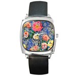 Captivating Watercolor Flowers Square Metal Watch Front