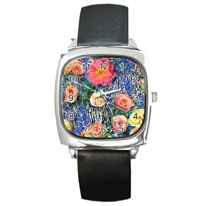 Captivating Watercolor Flowers Square Metal Watch