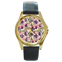 Flowers Pattern Decorative Wallpaper Scrapbooking Round Gold Metal Watch by Ravend