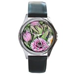 Sumptuous Watercolor Flowers Round Metal Watch Front