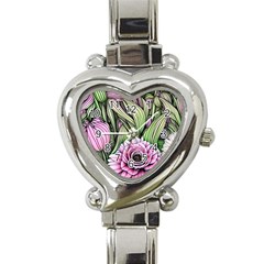 Sumptuous Watercolor Flowers Heart Italian Charm Watch by GardenOfOphir