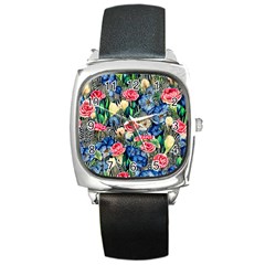 Exquisite Watercolor Flowers Square Metal Watch