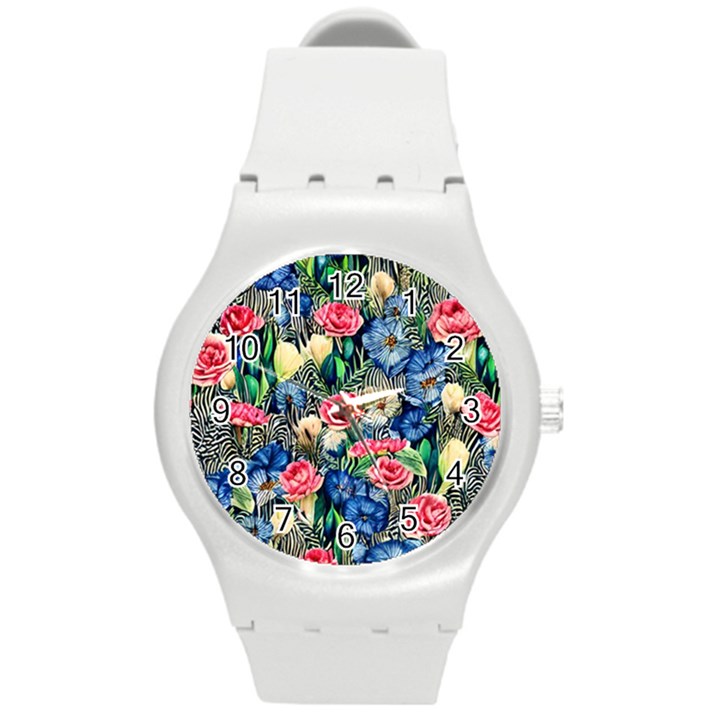 Exquisite Watercolor Flowers Round Plastic Sport Watch (M)