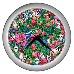 Dazzling Watercolor Flowers Wall Clock (silver) by GardenOfOphir