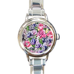 Majestic Watercolor Flowers Round Italian Charm Watch by GardenOfOphir